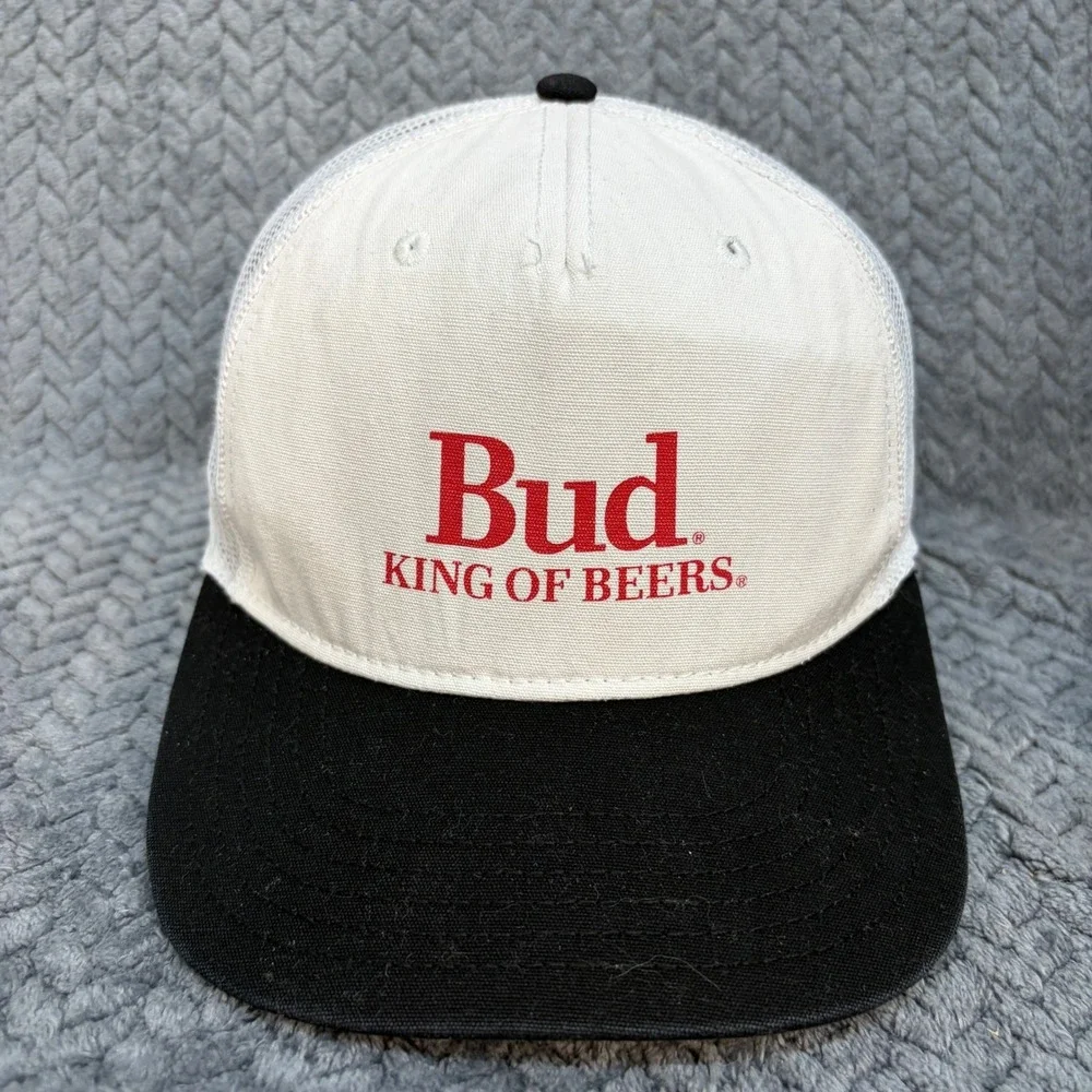 Bud King of Beers Trucker Hat Vintage Snapback White Black Mesh Cap